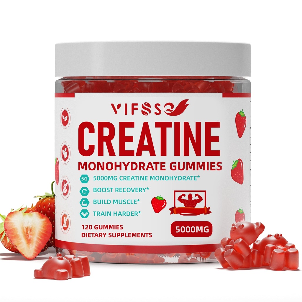 Kreatinmonohydrat Gummies 5 g för Män & Kvinnor, 120 Sugar Gratis Gummies med 200 Mg Magnesium Glycinate, 200 Mg L-Threonate för muskelstöd, energiökning