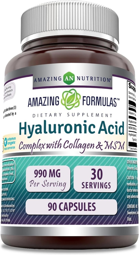Fantastiska formler Hyaluronsyra Super Komplex med MSM, Collagen Typ I & III och Vitamin C | 990 Mg | 90 kapslar Tillägg | Non-GMO | Gluten Free | Tillverkad i USA