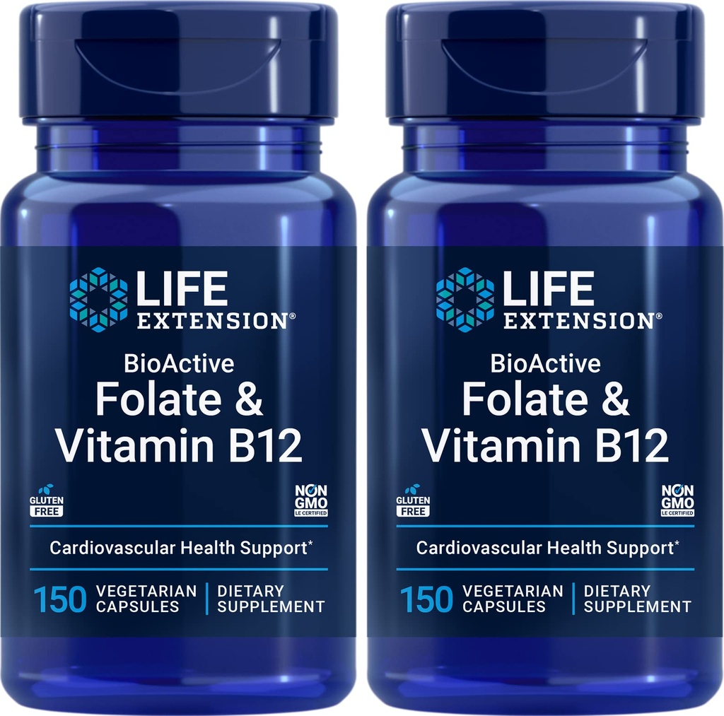 Life Extension BioActive Folate & Vitamin B12, 150 vegetariska kapslar (Pack of 2), Non GMO, Gluten Free