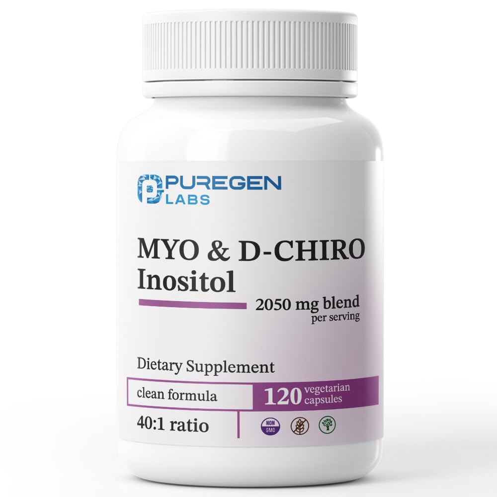 Puregen Labs Inositol Supplement | Myo Inositol & D-Chiro Inositol 2050mg - 120 Veggie Caps | No Harmful Additives | Non-GMO, NO Gluten och Dairy - Made in USA