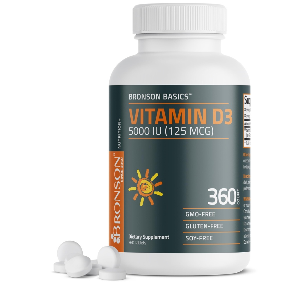 Bronson Vitamin D3 5000iu (125mcg) 1 års leverans för hälsosam muskelfunktion och immunstöd, icke-GMO, 360 tabletter