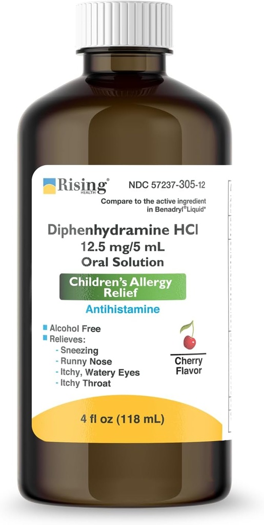 Rising Health - Allergy Relief Liquid Medicine med Diphenhydramine HCl 12.5mg / 5ml - Barnens allergisyrap för symtom som Runny Nose, Itchy Eyes & More - Cherry Flavor - 4 fl. oz