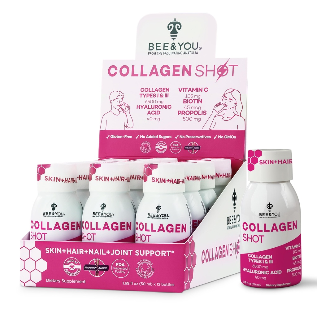Bee och You Collagen Liquid Shot Drink med vitamin C, Propolis Extract, Hyaluronic Acid, Biotin, främjar hud, hår, nagel och gemensam hälsa, 1,69 fl. Oz x 12 Pack
