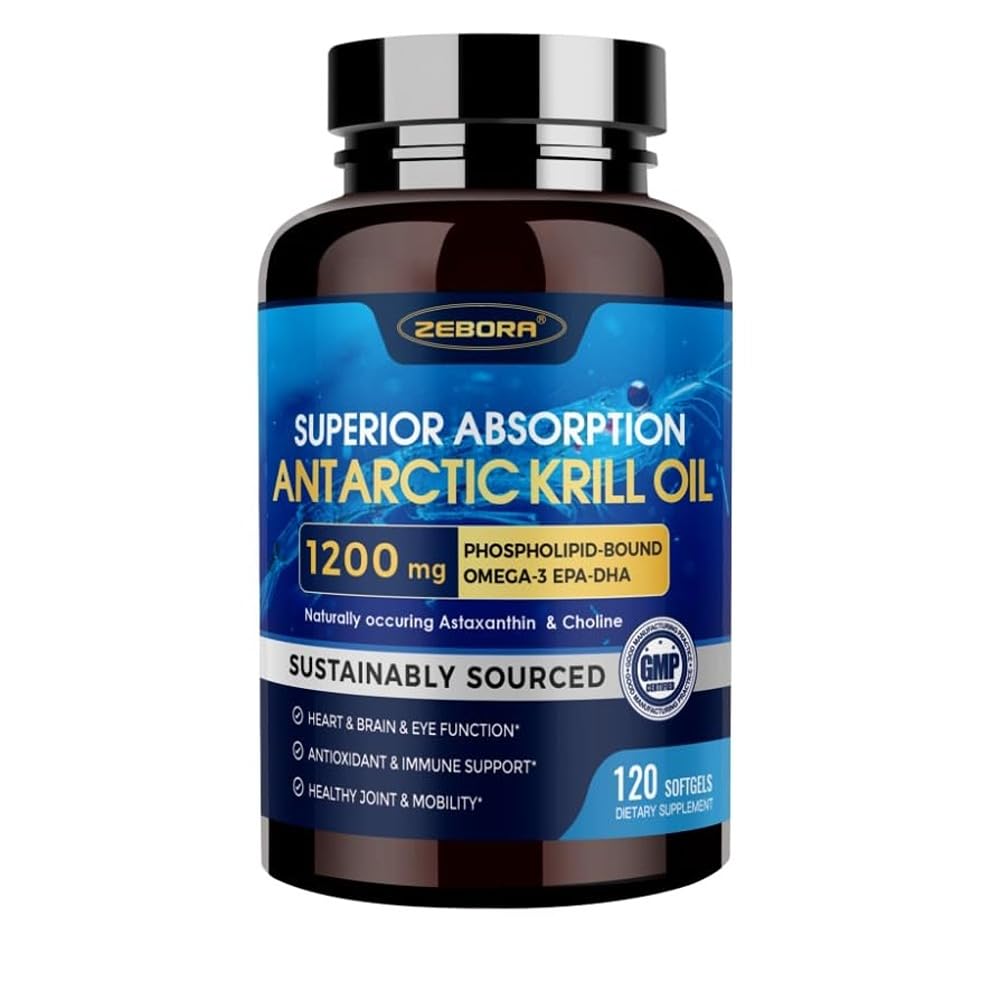 Krill Oil 1200 mg Omega 3 Supplement, Krill Oil Omega 3 med hög absorption EPA, DHA, Astaxanthin & Phospholipids, stöder hjärt- och gemensam hälsa, ingen fiskig eftersmak - 120 Softgels (60 portioner)