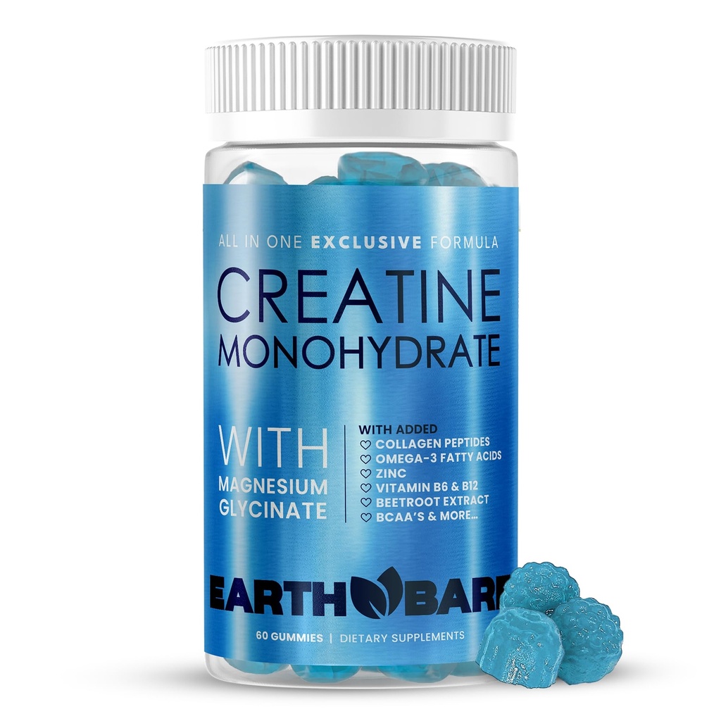 Kreatinmonohydrat och magnesium Gummies för vuxna | Beta Alanine, Collagen Peptides, L-arginin, B Vitaminer | 60 Gummies