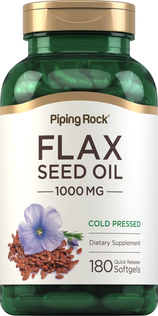 Piping Rock Flaxseed Oil 1000mg Softgel Capsules | 180 greve | Cold Pressed Supplement | Non-GMO, Gluten Free