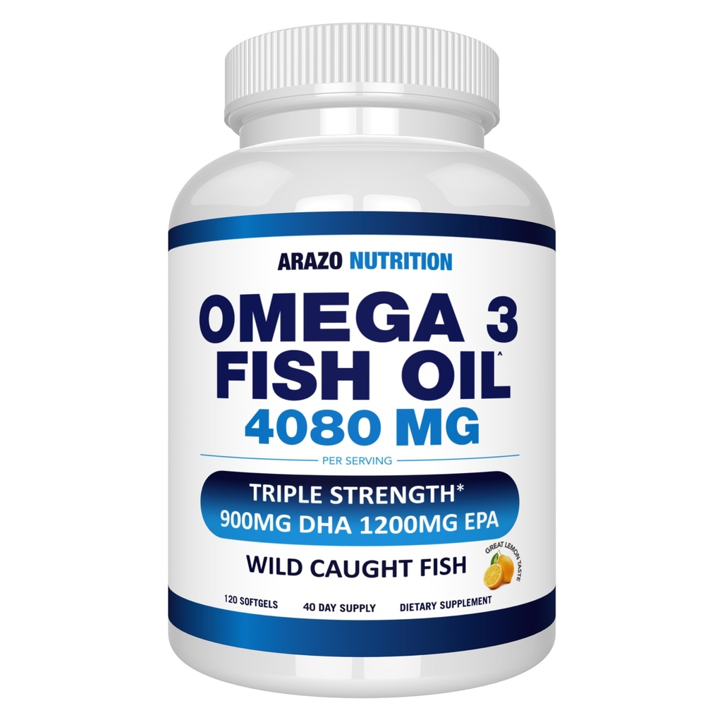 Arazo Nutrition Wild fångade Omega-3 Fish Oil Concentrate - 4 080 mg per portion - Hög EPA 1200mg & DHA 900mg - 120 Burpless Lemon Softgels