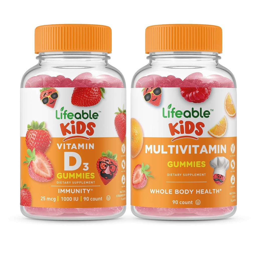 Livliga vitamin D Kids + Multivitamin Kids, Gummies Bundle - Stor smak, vitamintillskott, Gluten Free, GMO Free, Chewable Gummy