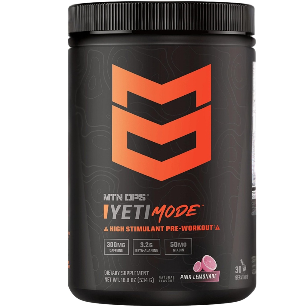 MTN OPS Yeti Mode Pre-Workout Powder - Explosiv High-Stimulant med 300mg Koffein, Kreatin Monohydrat, Beta-Alanin och 45mg Niacin - Rosa Lemonade smak i 30 servering Tub