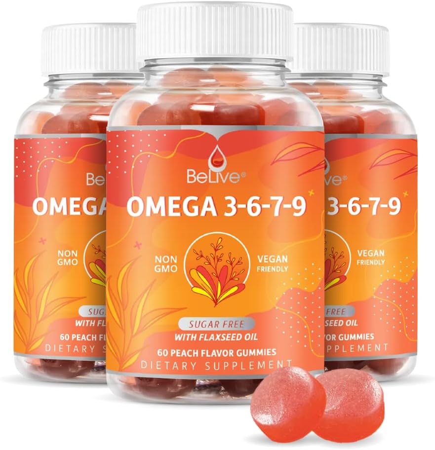 BeLive Organic Omega 3 Gummies - Omega 3 6 9 7 DHA & EPA från Flaxseed Oil & Sea Buckthorn Fruit Oil, Vegan, för barn & vuxna, Full Body, Brain & Eye Support, Sugar Free - Peach | 3-Pack