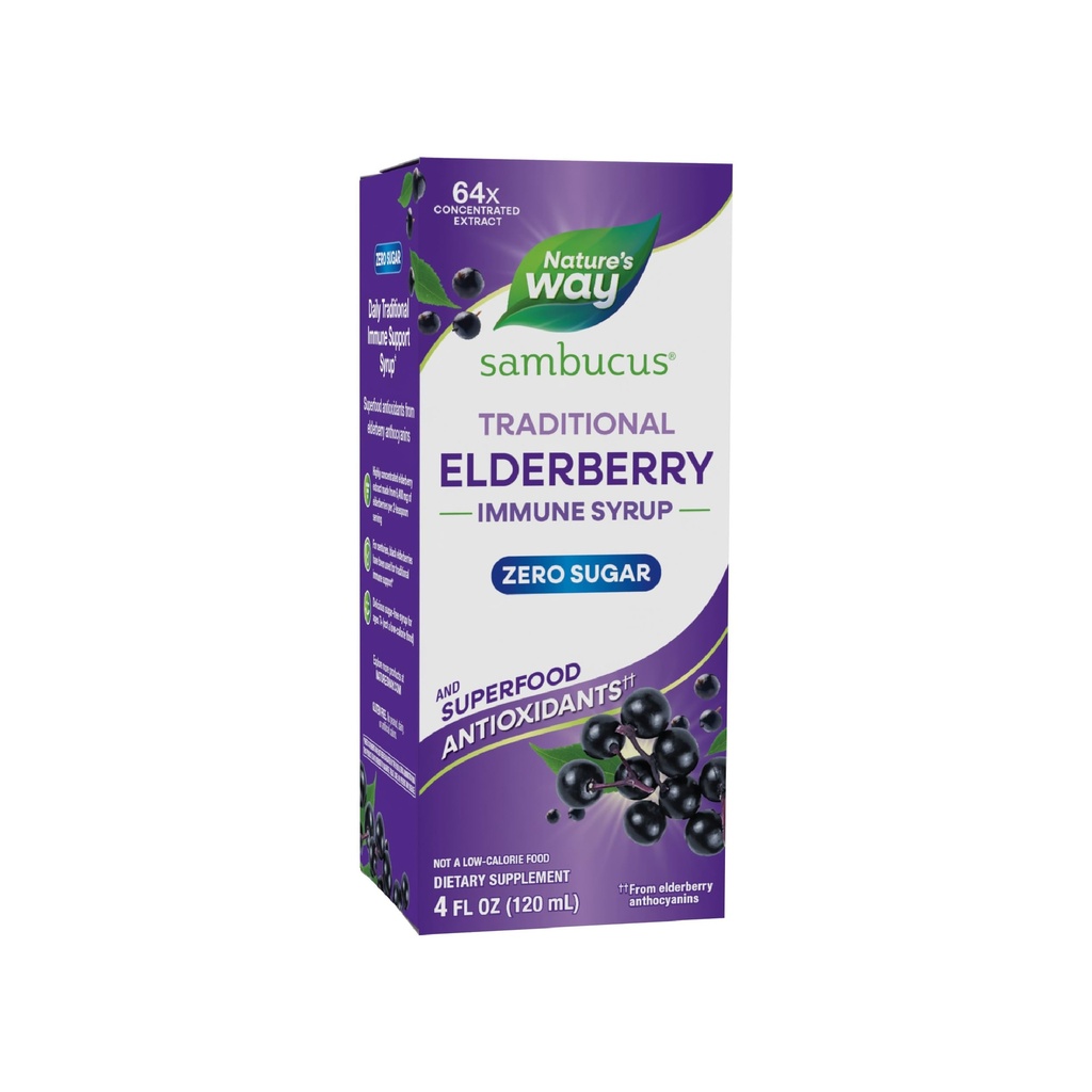 Naturens sätt Sambucus Zero Sugar Traditional Immune Syrup, högt koncentrerad Black Elderberry Extract, traditionell Immune Support *, med Superfood Antioxidanter (1), 4 Fl Oz (Packaging May Vary)