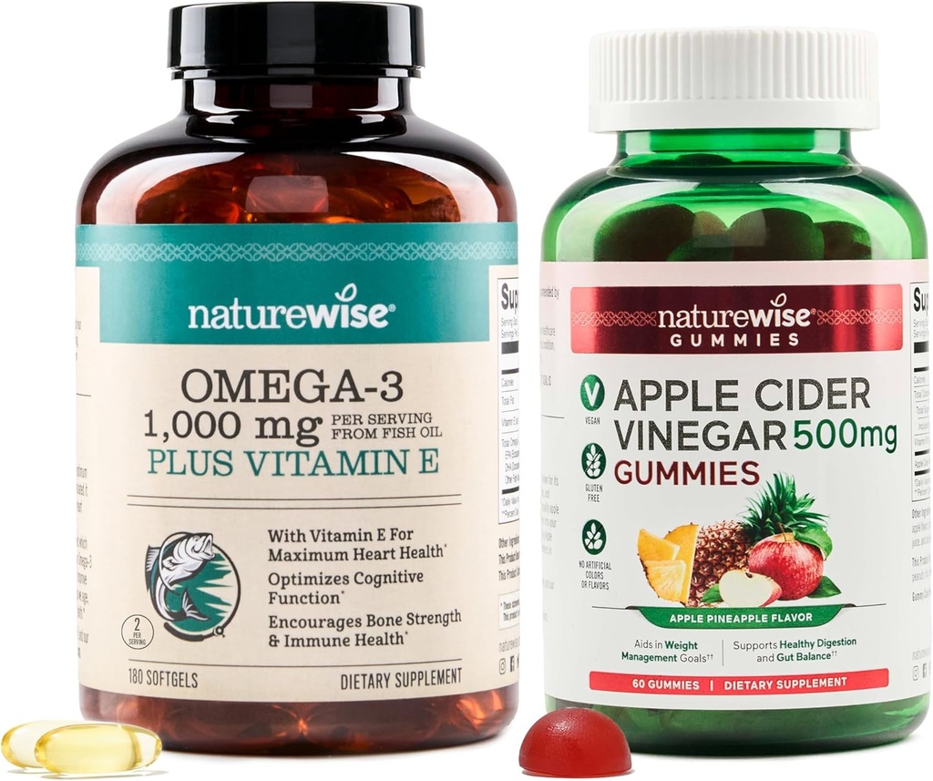 NatureWise Omega-3 Fish Oil 1000mg med E 180-Count + Apple Cider Vinegar Gummies 500mg med B12, 60-Count (Vegan Gummy) - Bundle for Heart, Eye, Digestive Health - Gluten Free, Soy-Free, Non-GMO