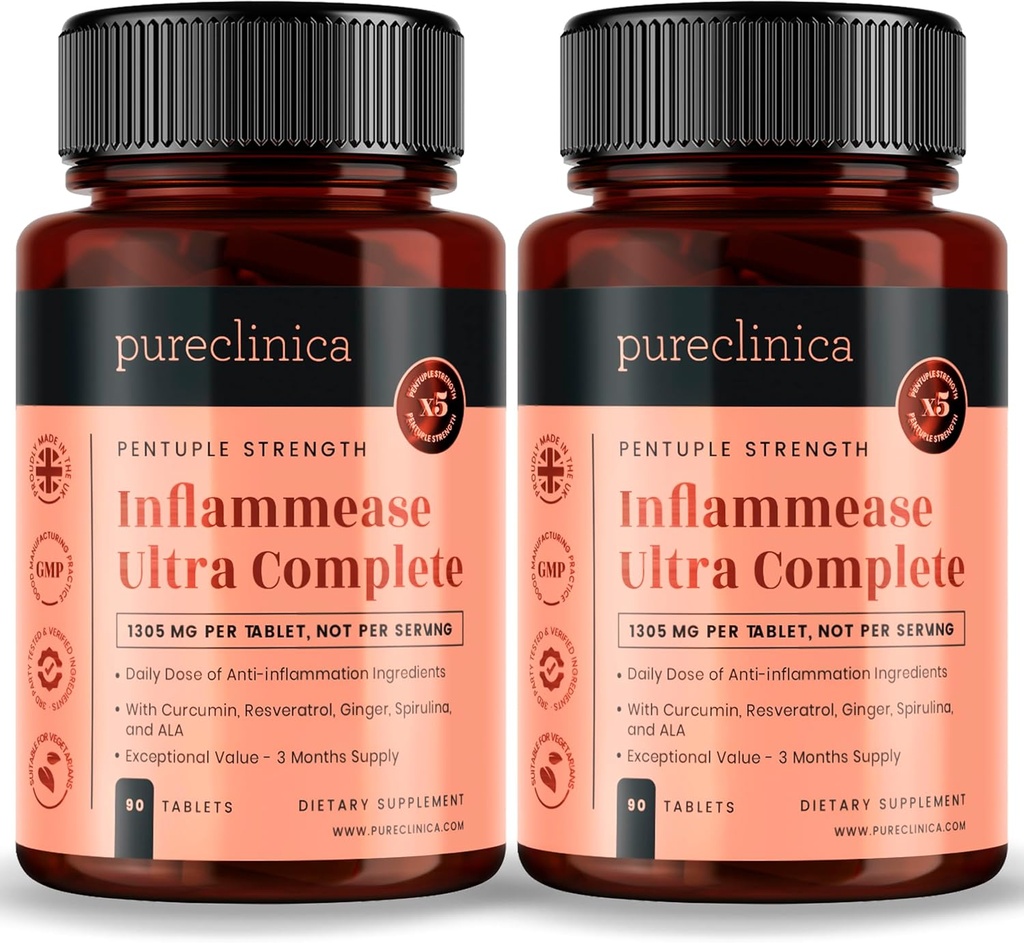 pureclinica Inflammease Ultra Complete (Resveratrol, Ginger, ALA, Spirulina, Curcumin-5 Supplements i en) 1305mg x 180 tabletter - 2 flaskor med 90 tabletter - 6 månaders leverans!