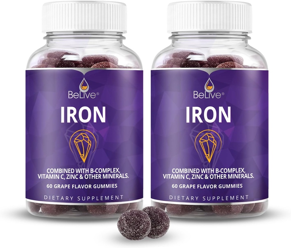 BeLive Iron Gummies - Multivitamin Iron Supplement med vitamin C, A, B & Zink, stöder blodsyre, Vegan Supplements för kvinnor, män och barn för tillväxt och utveckling - Grape smak | 2-pack