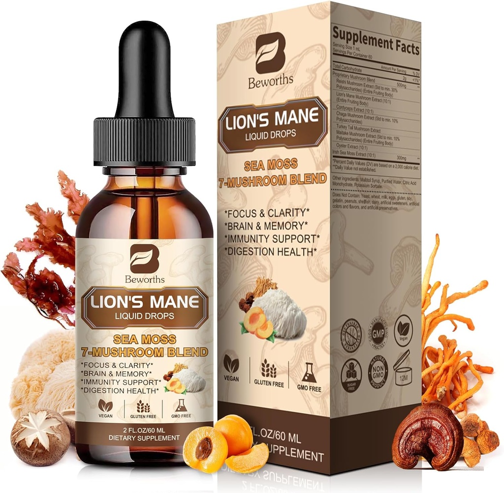 Lions Mane Mushroom Liquid Drops, 8 i 1 Mushroom Complex Supplement med Irish Sea Moss, Chaga, Turkey Tail, Cordyceps & More för Brain, Focus, Cognitive & Immune Support, Vegan, Peach Flavor, 60mL