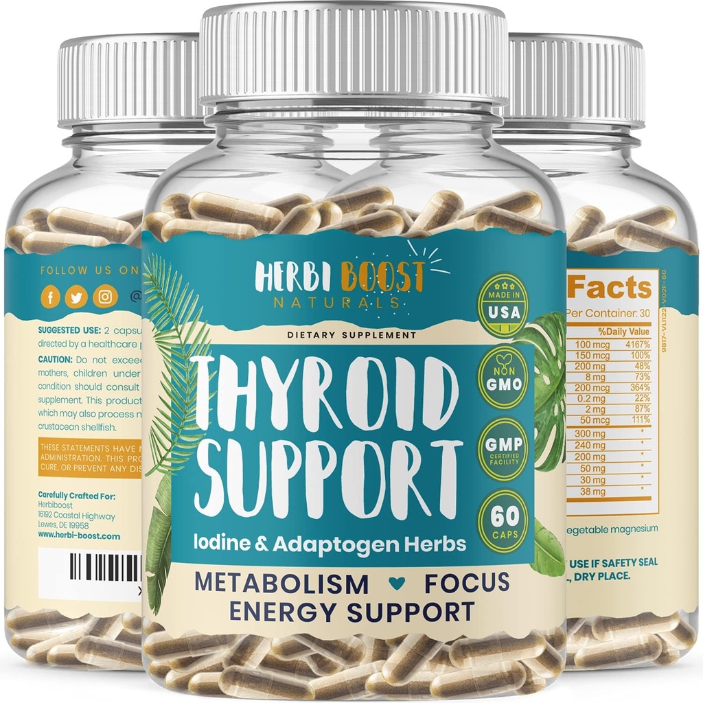 Thyroid Support för kvinnor med jod 1069 mg extra styrka tillskott för metabolism, fokus med Ashwagandha, L-Tyrosine, Zink, Selen & Mer