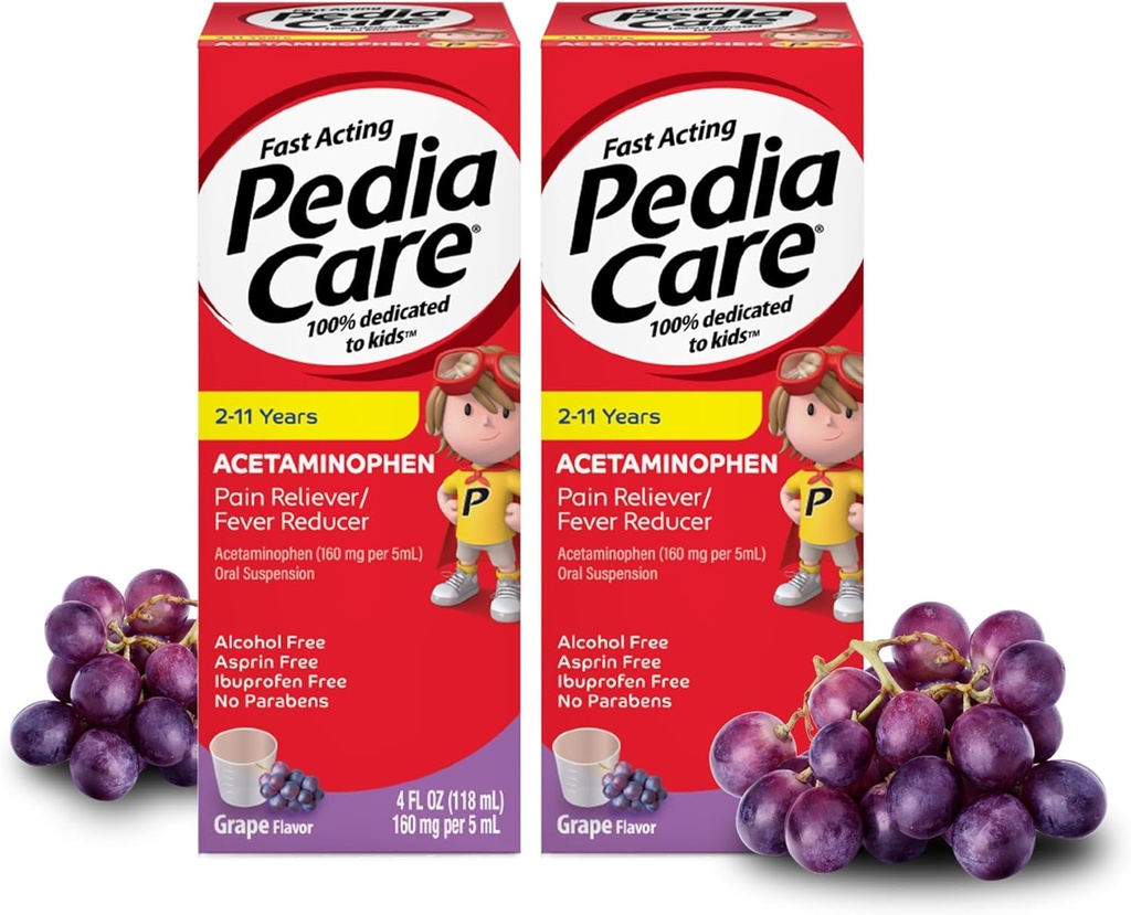 Fast Acting Children's Pain Reliever/Kids Fever Reducer med Acetaminophen Oral Suspension, Ages 2-11, Zero Alcohol eller Aspirin eller Ibuprofen, Grape Flavor, 4 fl oz (2 Pack)