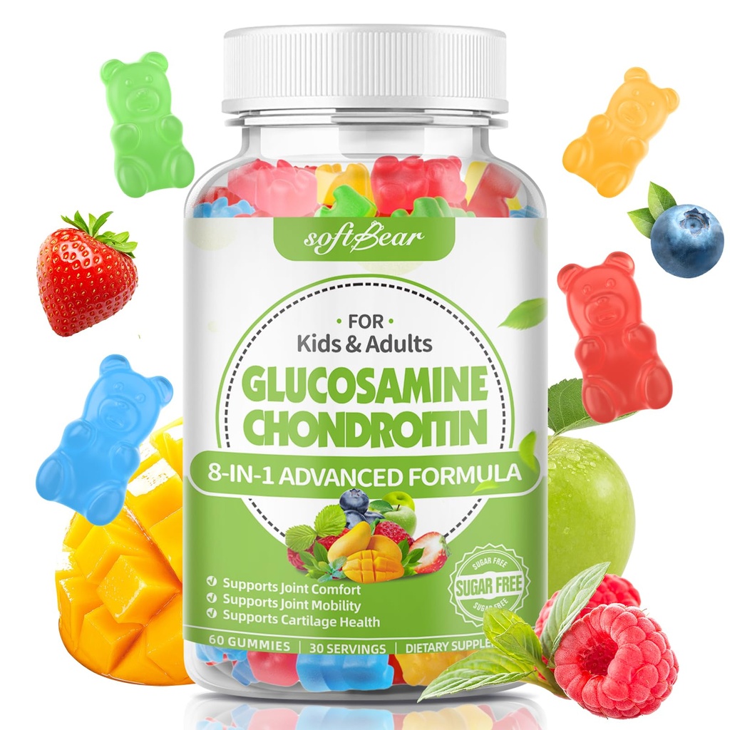 Softbear Glucosamine Chondroitin Gummies för vuxna, Sugar Free Chondroitin & Glucosamine Nutritional Supplements for Joint Support, Mixed Fruit Flavor, 60 Count
