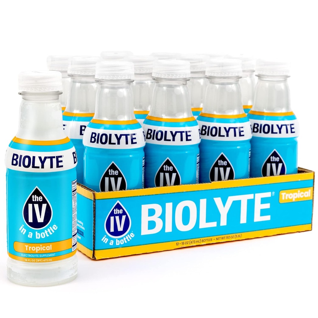 BIOLYTE Electrolyte Drink - IV i en flaska elektrolytdryck för snabb hydrering - Tropisk, 12-pack