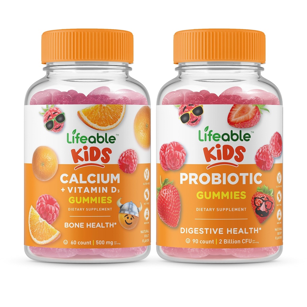 Livlig kalcium med vitamin D-barn + Probiotiska 2 miljarder CFU-barn, Gummies Bundle - Great Tasting, Vitamin Supplement, Gluten Free, GMO Free, Chewable Gummy