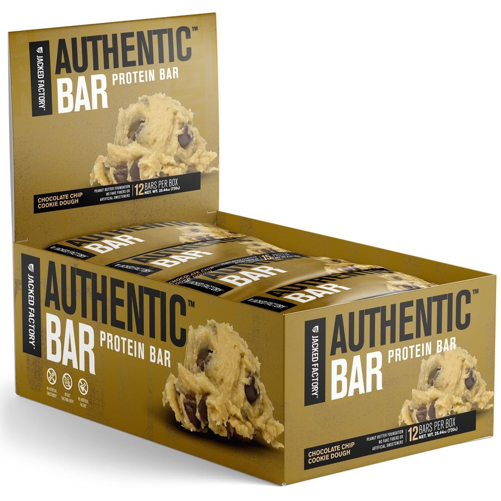Authentic Bar Chocolate Chip Cookie Dough Protein Bars - Meal Replacement Protein Snack Bars w / 15g Whey Protein Isolate, Peanut Butter Foundation, Healthy Fats, Naturligt Sweetened - 12 Pack