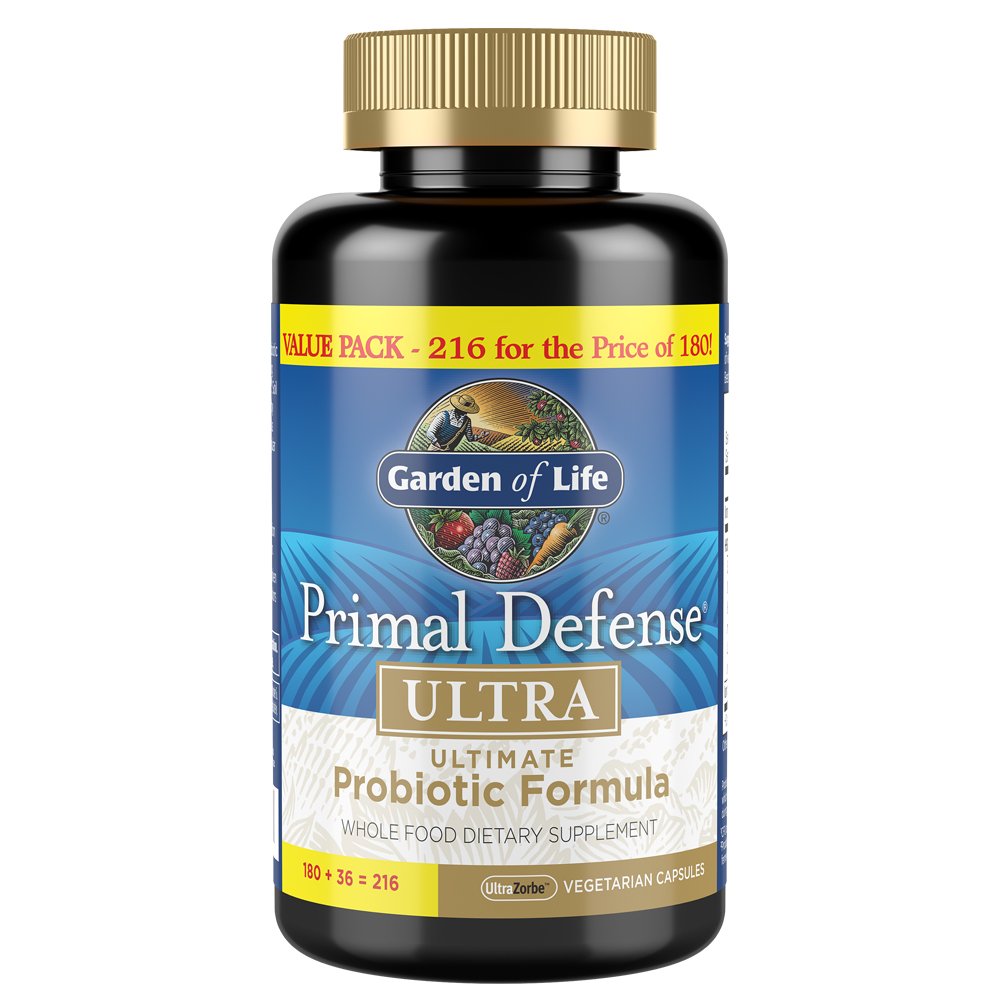 Garden of Life Probiotics for Digestive Health and Gut Health Balance, Primal Defense Ultra Ultimate Formel, 15 miljarder CFU och 13 Strains Plus HSOs, Vegetarian och Gluten Free, 216 Capsules