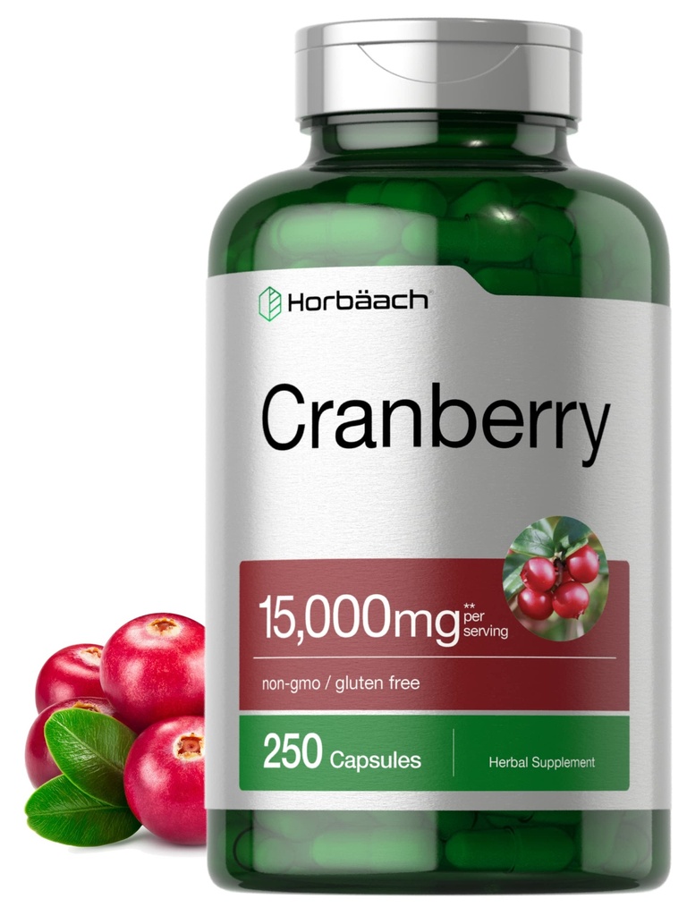 Horbäach Cranberry Pills + Vitamin C | 250 Capsules | Non-GMO and Gluten Free Supplement from Concentrate Extract