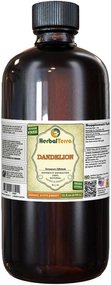 Dandelion (Taraxacum Officinale) Tinktur, Organic Dried Roots Liquid Extract (Brand Name: HerbalTerra, Proudly Made in USA) 32 fl.oz (0,95 l)