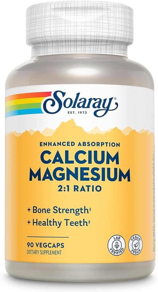 SOLARAY Calcium Magnesium Supplement, Magnesium & Calcium Supplements for Women and Men, 2:1 Ratio, Bone Health & Strength, Vegan, High Absorption, 60-dagars garanti, 22 portioner, 90 VegCaps