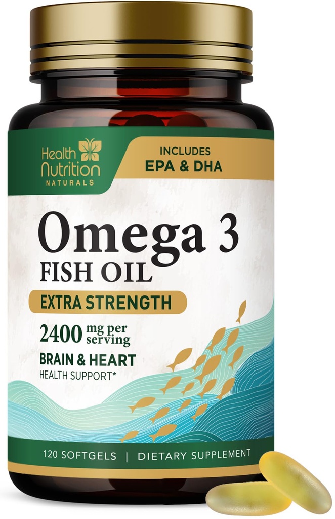 Omega 3 Fish Oil 2400 mg - Triple Strength Omega-3 Supplements - Natural Brain Heart Health & Immune Support - Fatty Acids med EPA & DHA - Wild Caught Purified Fish Oil Supplement - 120 Softgels