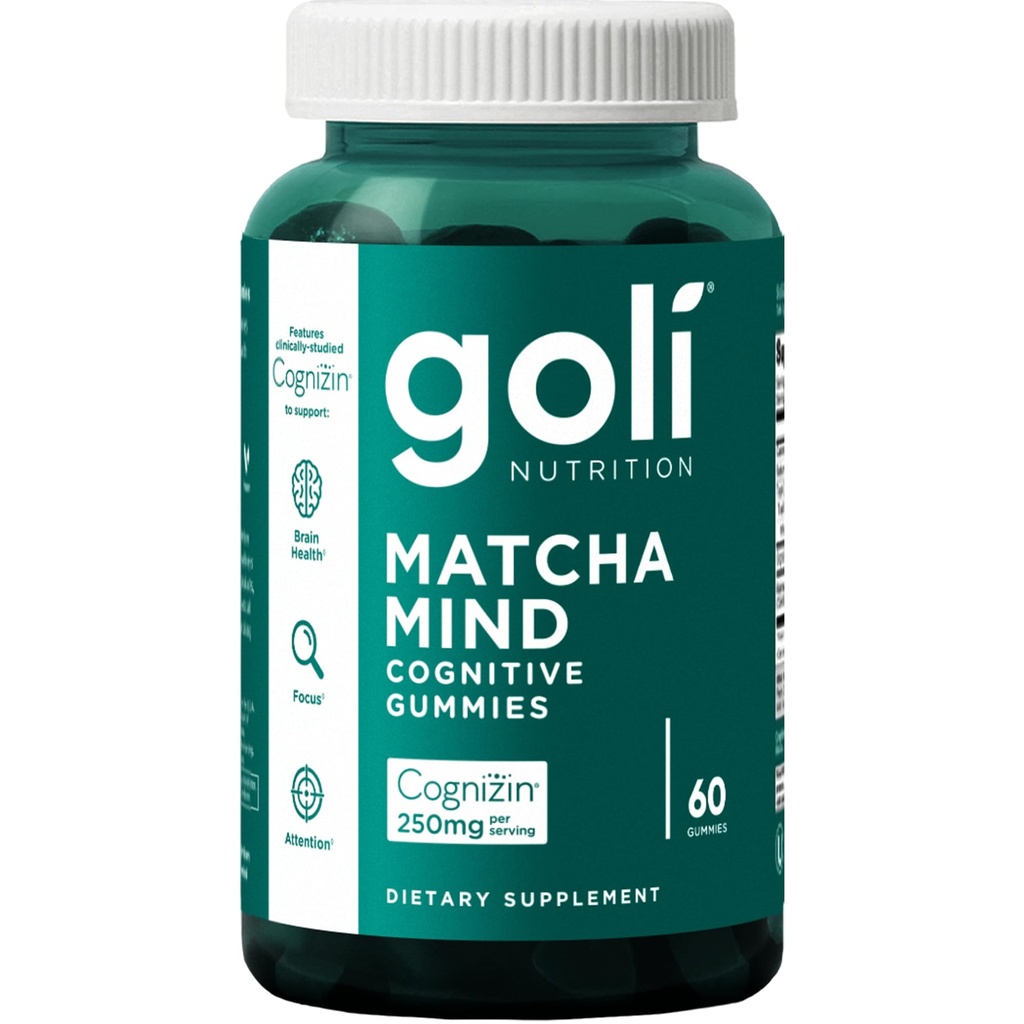 Goli Matcha Mind Gummies - 60 greve - Grönt te lämnar pulver med kognizin för fokus, uppmärksamhet och hjärnhälsa, Vegan, icke-GMO, glutenfri och gelatinfri.