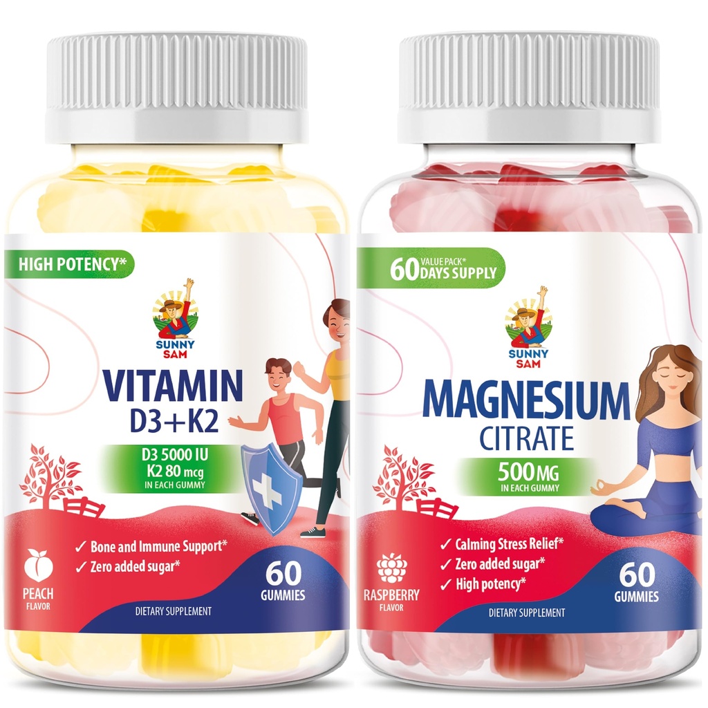 Vitamin D3 K2 Gummies 5000 IE - Immune & Bone Suppor & Magnesium Gummies för barn & vuxna - 500mg