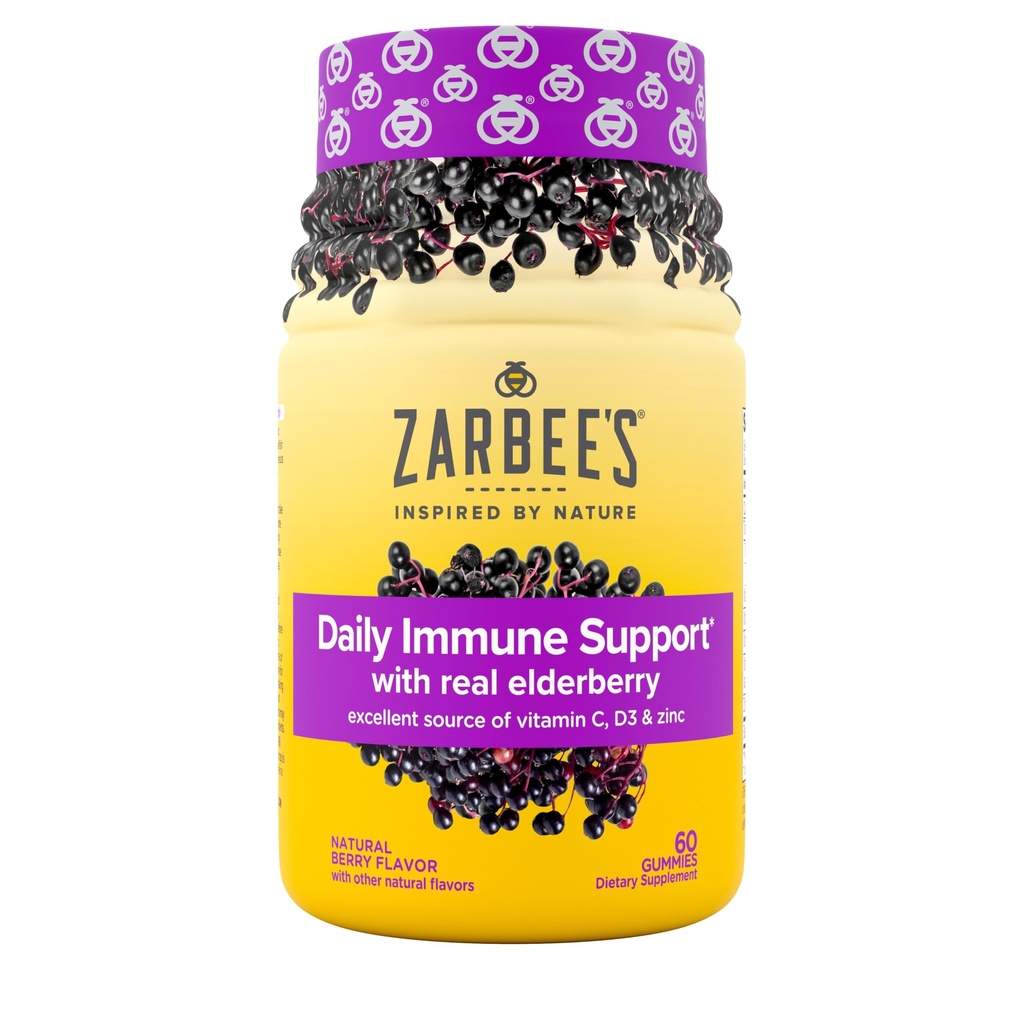 Zarbees Elderberry Gummies Daily Immune Support Supplement med vitamin A C D E & Zink, Black Elderberry Extract, Natural Berry Flavor, Vegetarian, Gelatin-Free, 60 Count