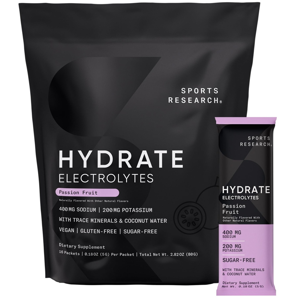 Sports Research® Hydrate Electrolytes Powder Packets - Sugar-Free & Naturligt smaksatt med vitaminer, mineraler och kokosvatten - Stöder Hydration - 16 Packets - Passion Fruit
