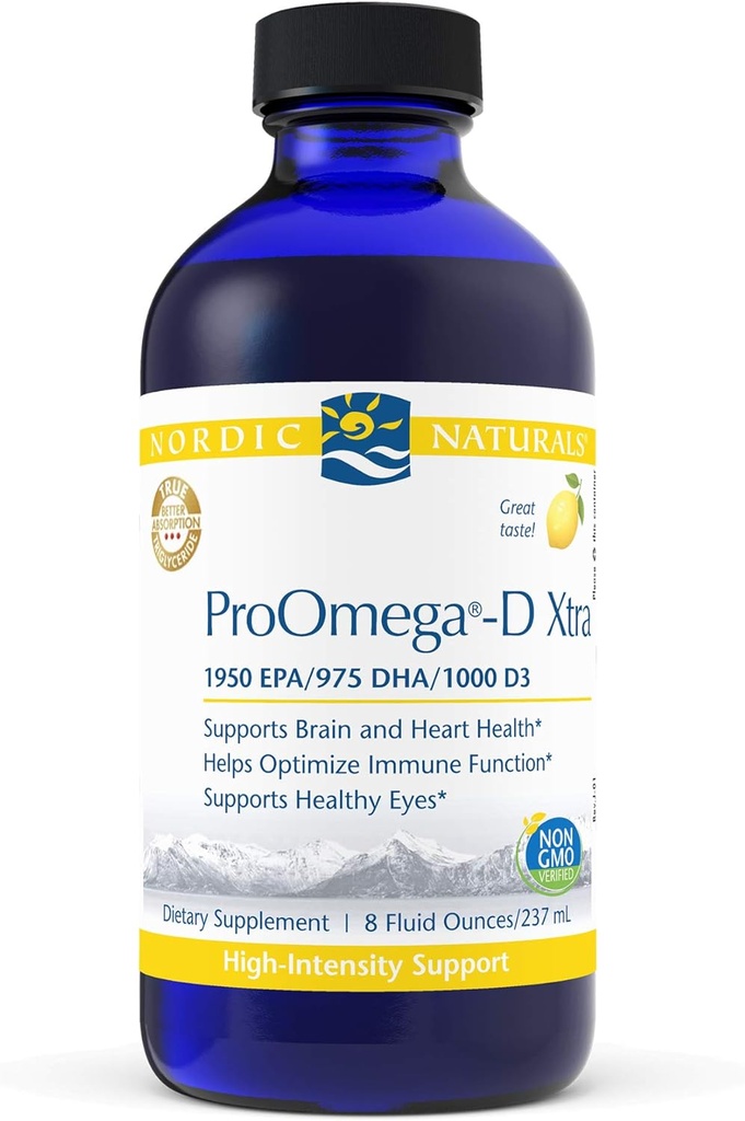 Nordic Naturals ProOmega-D Xtra Liquid, Lemon Flavor - 8 oz - 3400 mg Omega-3 + 1000 IE D3 - High-Potency Fish Oil - EPA & DHA - Brain, Eye, Heart & Immune Health - Non-GMO - 48 portioner