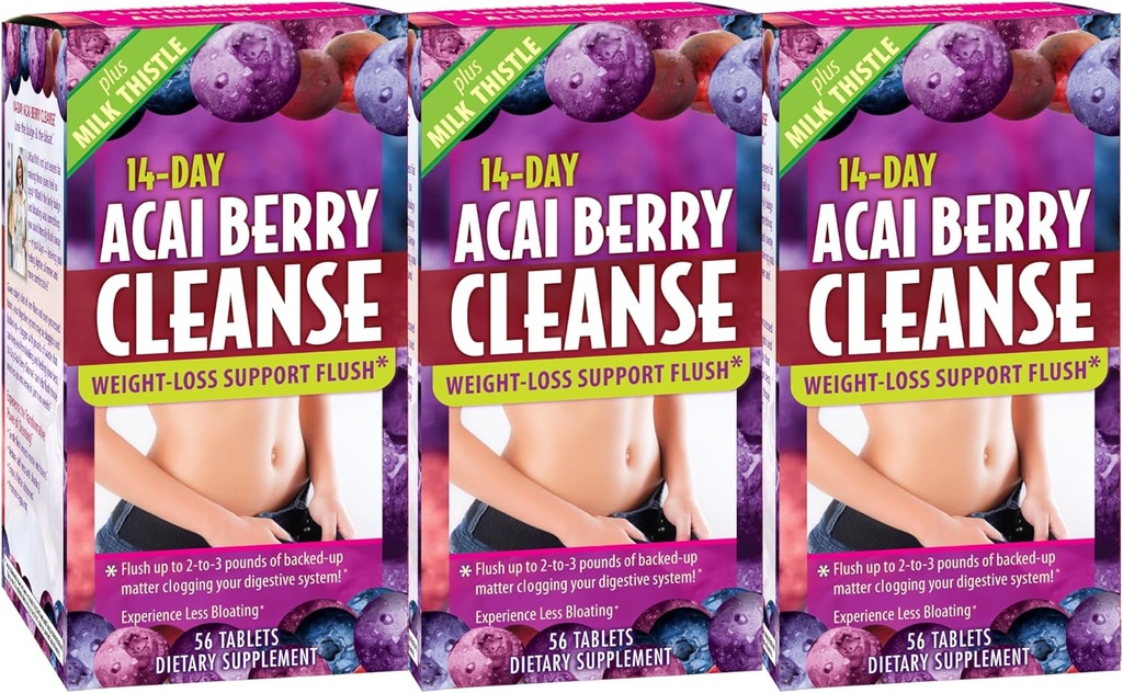Tillämpad Nutrition 14-dagars Acai Berry Cleanse - 56 tabletter, Pack of 3 - Viktminskning Support Flush + Milk Thistle - 84 Totala portioner