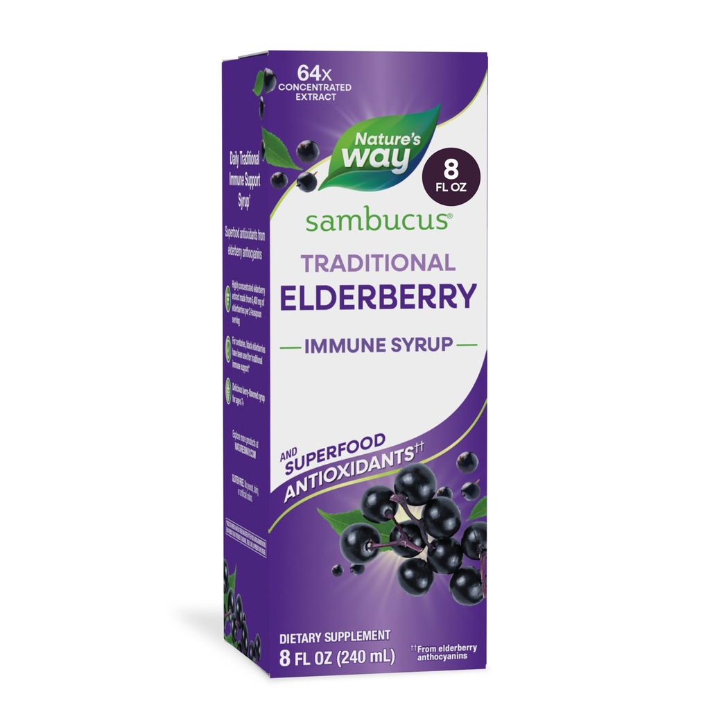 Naturens sätt Sambucus Elderberry Traditional Immune Syrup, högt koncentrerad Black Elderberry Extract, traditionell Immune Support *, Utsökt Berry smaksatt, 8 Fl Oz (Packaging May Vary)