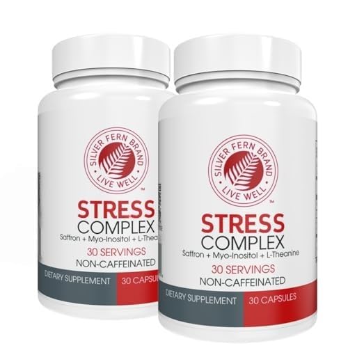 Silver Fern Stress Komplex Supplement - Utan koffein - Sömn, Oro, humör och mer - med Saffron Supplements, L-Theanin Supplement, & Myo-inositol - Natur Stress Relief Supplement (Pack of 2)