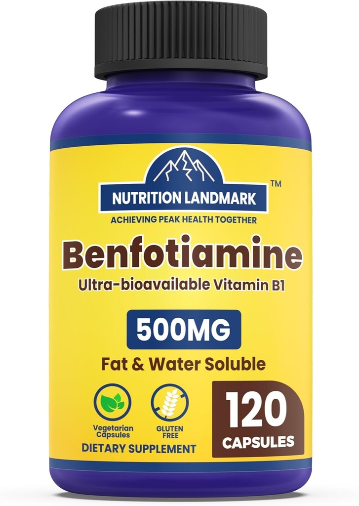 Benfotiamine 500mg Per Servering, 120 Veggie Capsules (250mg Per Cap) - Fat Soluble Vitamin B1 Thiamin Supplement - 3rd Party Tested, Vegan, Non-GMO, Gluten Free