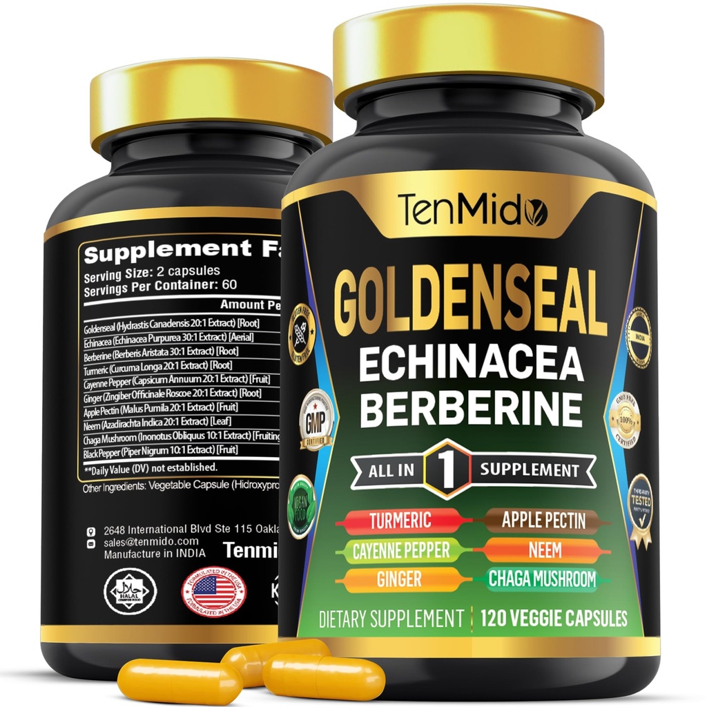 Goldenseal Root Supplement - 10in1 Formel - Kombinera med Echinacea, Berberine, gurkmeja, Cayenne Pepper, Ginger, Apple Pectin, Neem och mer - Digestive Health Support - 120 kapslar