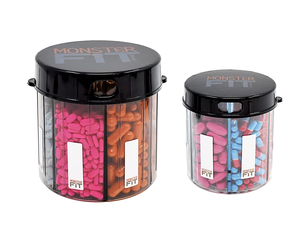 Monster & Monster Jr Supplement Medication Pill Dispensers 2 Pack med etiketter, extra stora och små Pill Container Bottles Handle nästan alla tillskott, lätt att dispensera (Monster & Monster Jr.)