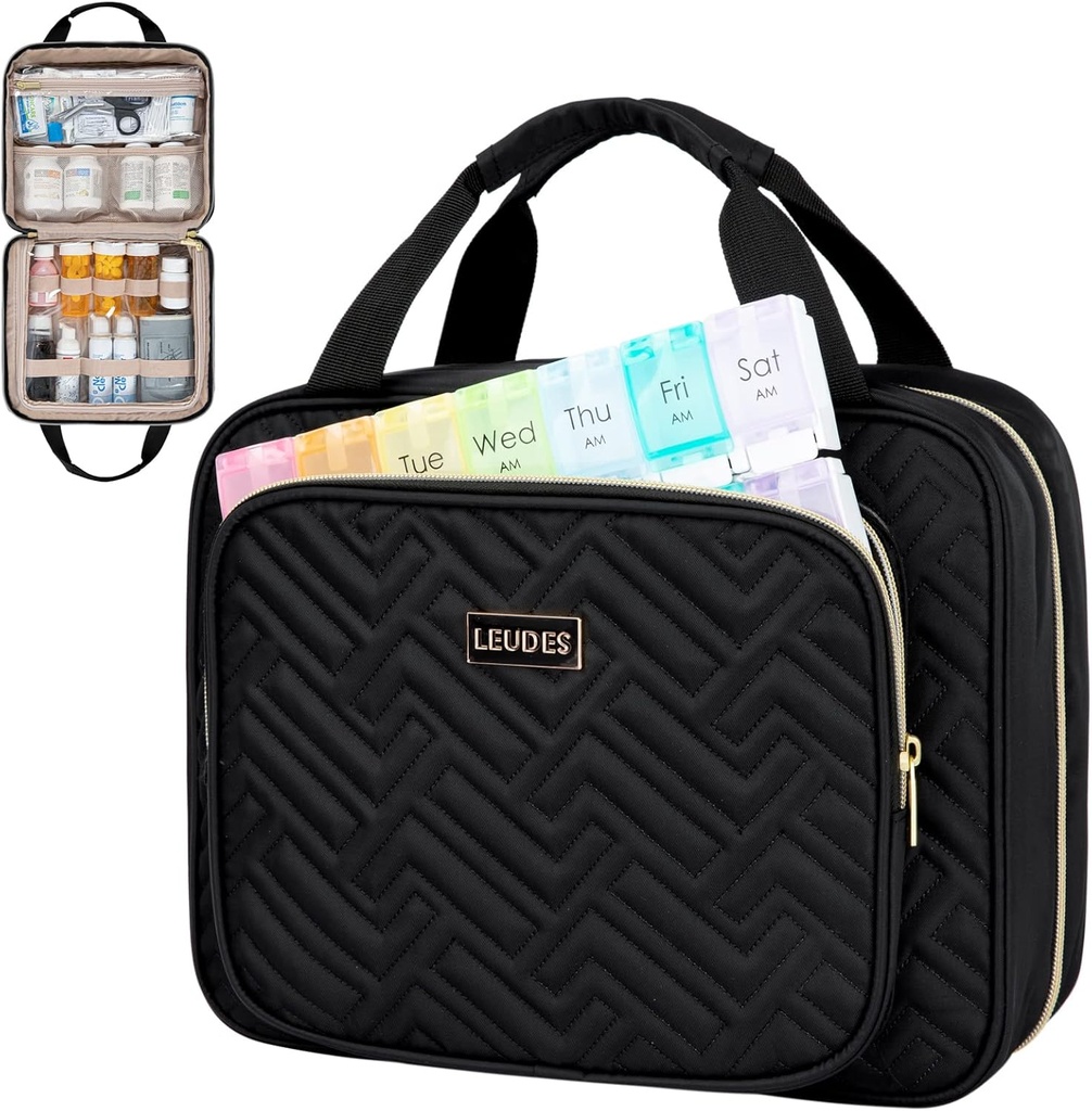 Leudes Travel Pill Bottle Organizer,Medicine Organizer och Storage,Home Medication Bag, Fall, Carrier för piller, vitamin, fiskolja, tillägg för kvinnor och män (Large, Black)