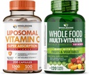 Wholesome Wellness Liposomal Vitamin C Capsules (200 Pills 1500mg Buffered) High Absorption VIT C + Whole Food Multivitamin för kvinnor - Naturliga multivitaminer, mineraler, organiska extrakt Bundle