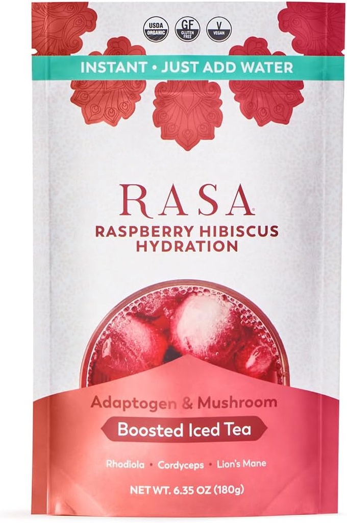 Rasa Raspberry Hibiscus Hydration | Organic Boosted Iced Tea med adaptogener och svampar | Glutenfri, Premium Electrolyte Powder Drink Mix, Uppfriskande Hydration (6 oz / 24 portioner)