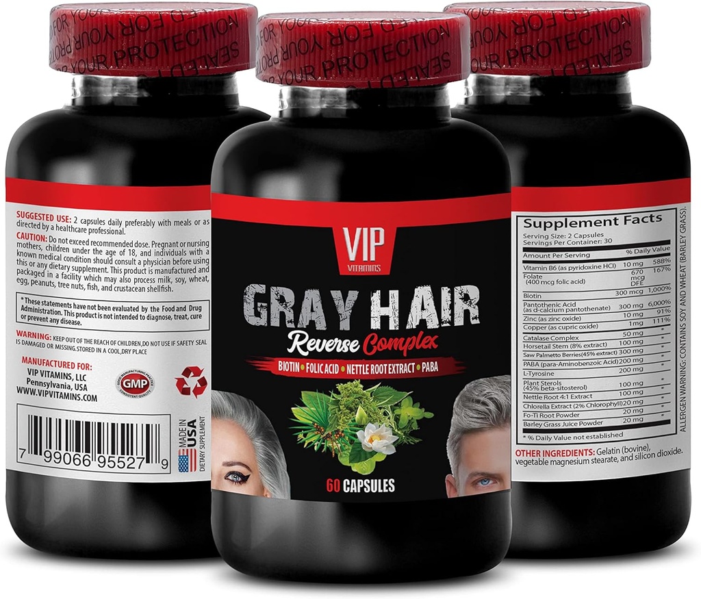 Saw Palmetto Mens Hair - Gray Hair Reverse Complex - Naturlig lösning - Kraftfulla resultat, grå hår män, Biotin Vitaminer för hår hud och naglar, Paba Supplement, grå hår Supplement, 1 Bot 60 Caps