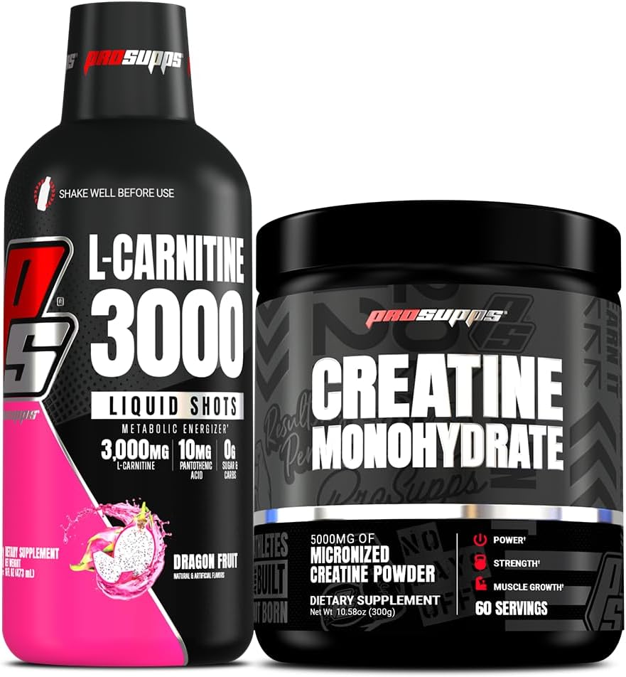 PROSUPPS L-Carnitine 3000 Stimulant Free Liquid Shots (31 portioner, Dragon Fruit) och Kreatin 300 Monohydrat (60 portioner) Bundle