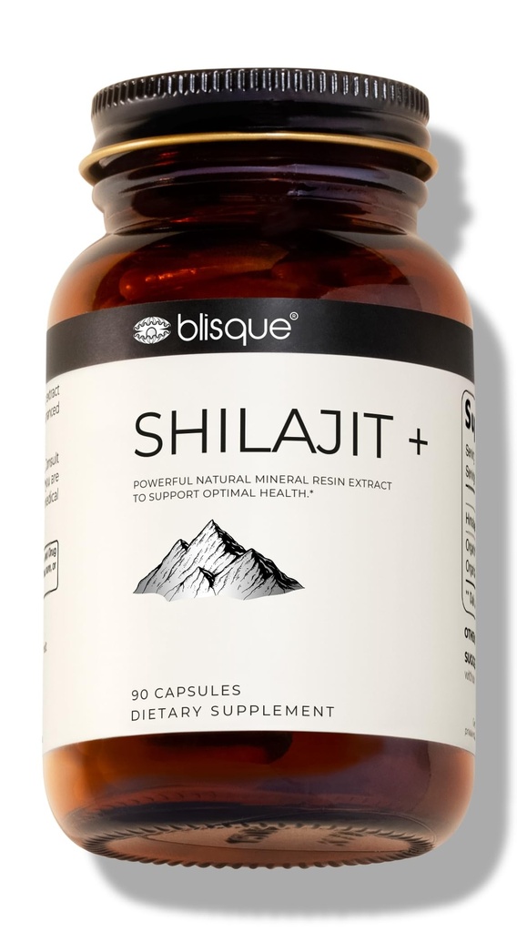 Blisque - Ren Himalayan Organic Shilajit Resin Extract Capsules | Autentisk och naturlig | Gyllene Grad A | Innehåller Fulvic Acid och Trace Minerals | 90 kapslar