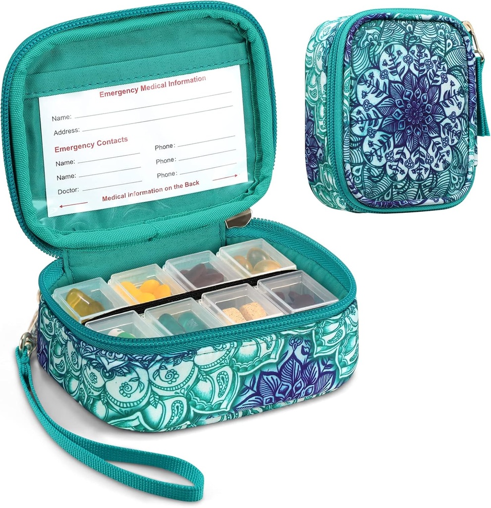 FINPAC Pill Organizers, 8 Compartments Travel Pill Case för vecka 7 dagar Medication Care, Compact & Cute Medicine Vitamin Dispenser och Holders (Emerald Illusions)