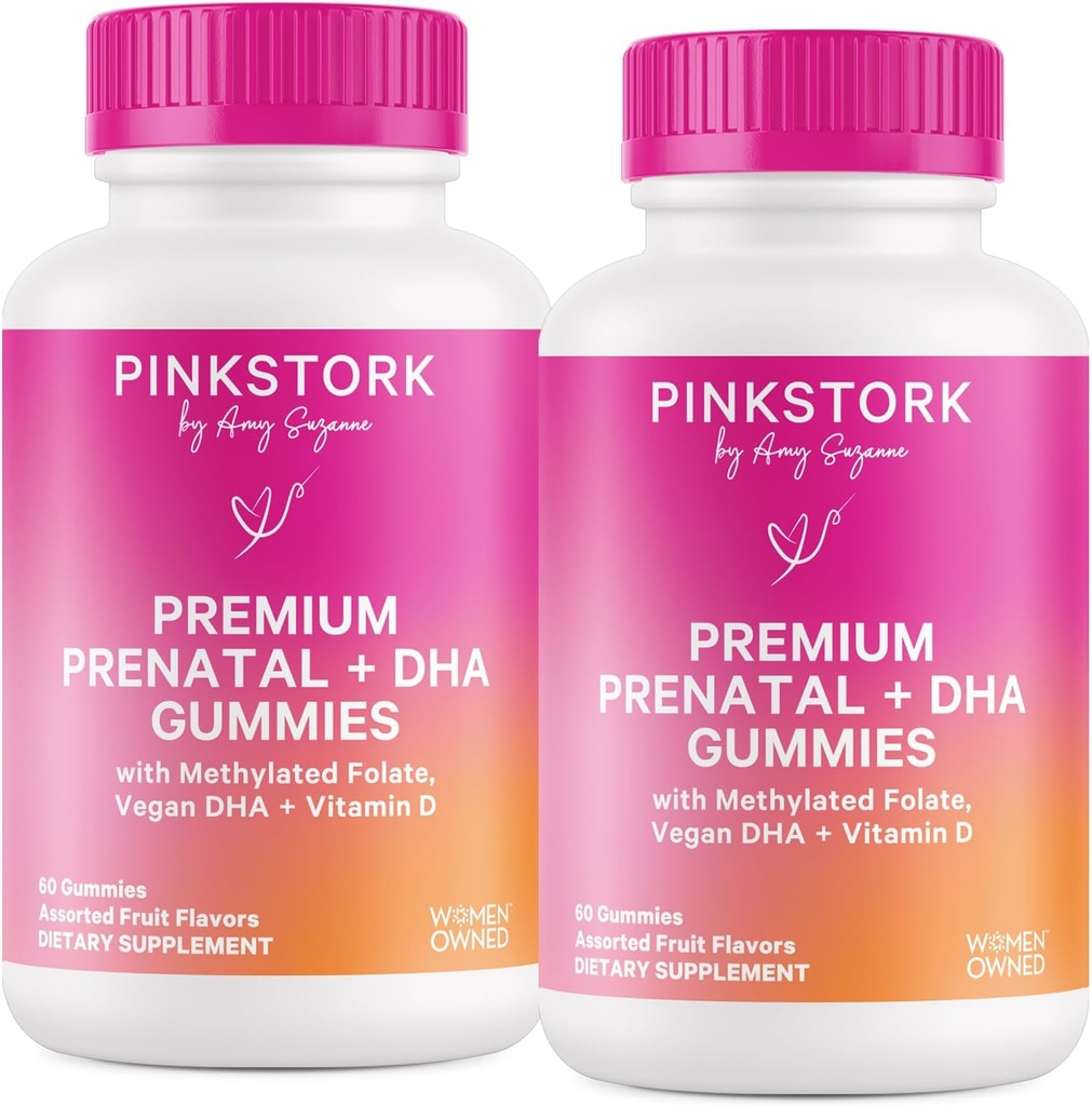 Pink Stork Premium Prenatal Gummy Vitaminer med DHA, Folate och vitamin D - 60 Vegan Gummies - 2 Pack