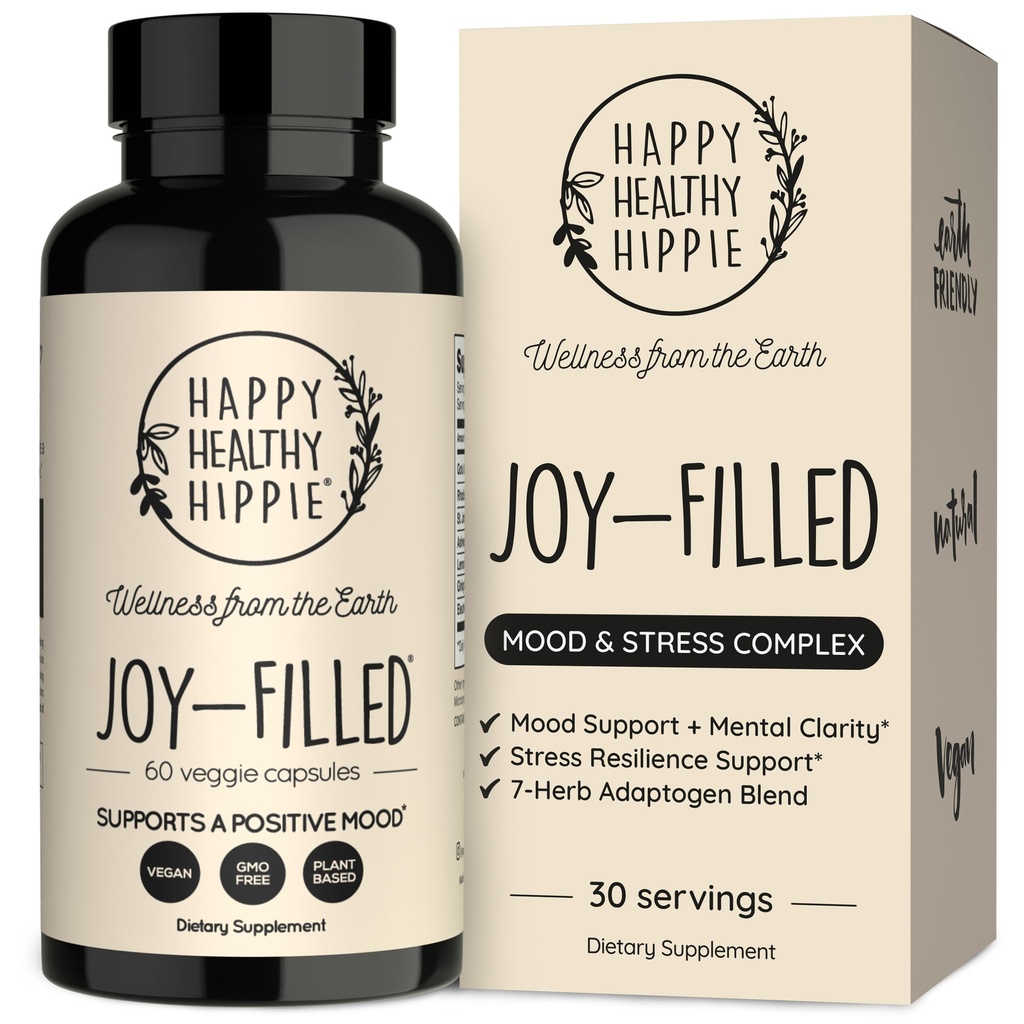 Joy-Filled Mood Support Supplement - 7 Herb Complex w / St Johns Wort | Stress Relief - Hjälper lugna sinnet och kroppen | 100% växtbaserade glada piller, Ashwagandha, Rhodiola Rosea | Adaptogener, 60 Ct